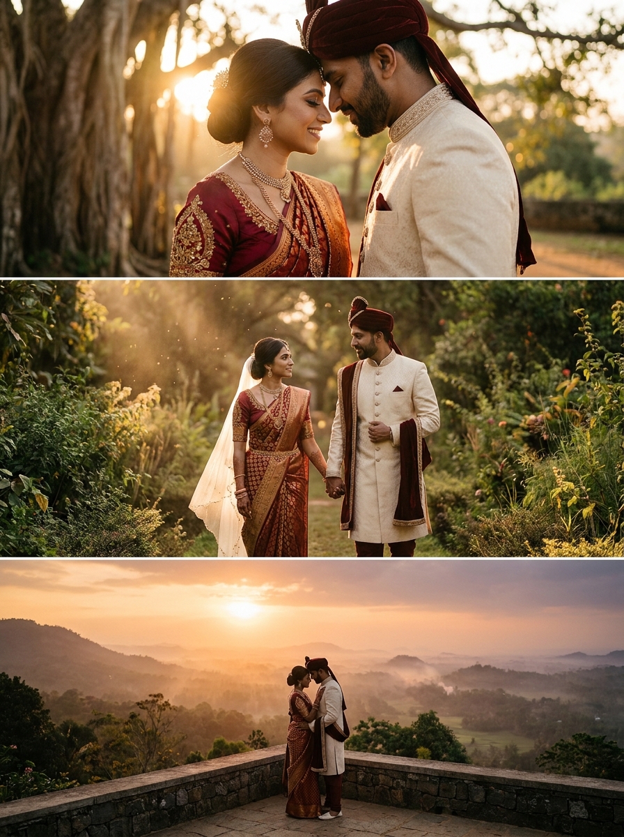 Wedding couple beside the ocean at sunset